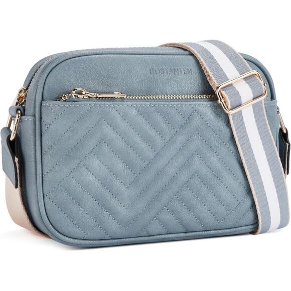 Handbags - Quilted Vegan Leather Crossbody O-Blue Bag Women Wide Strap and Shoulder Use